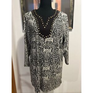 Coral Bay Women’s Size L Embellished Brown White Medallion Print Tunic Top